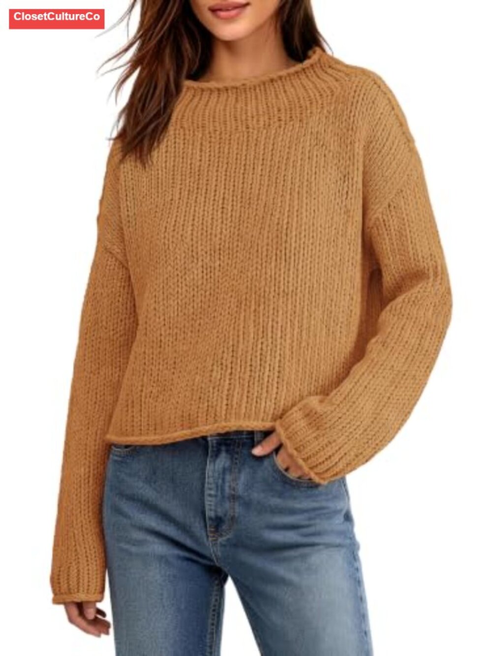 Chunky Knit Mock Neck Cropped Pullover Sweater Long Sleeve Boxy Fit Fall Winter
